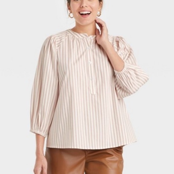 a new day Tops - A new day plus size XXL Puff 3/4 Sleeve Blouse Cream Striped pullover top New